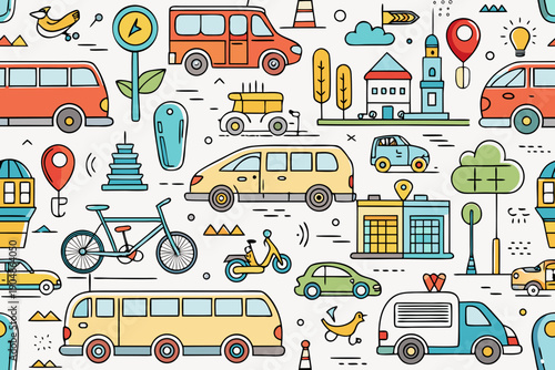 Seamless pattern featuring numerous colorful line-art vehicles, diverse modes of urban transportation, and stylized city icons against a white background for travel designs.