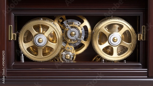 Gleaming brass cogwheels meshing precisely within intricate mechanical clockwork movement