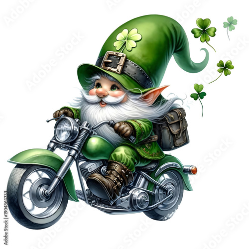 Adventurous Leprechaun Riding a Green Motorcycle