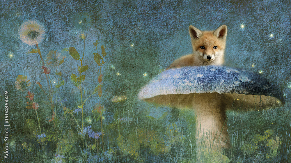 Fototapeta premium Fox hiding under mushroom in a whimsical forest scene
