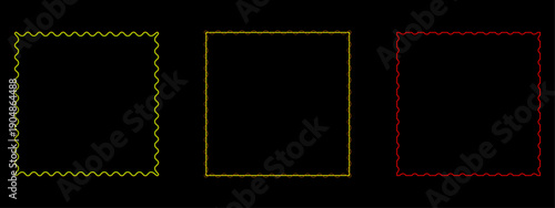 Horizontal Composition of Three Colored Squares with Zigzag, Solid, and Dashed Borders on Black Backdrop for Abstract Geometric Design