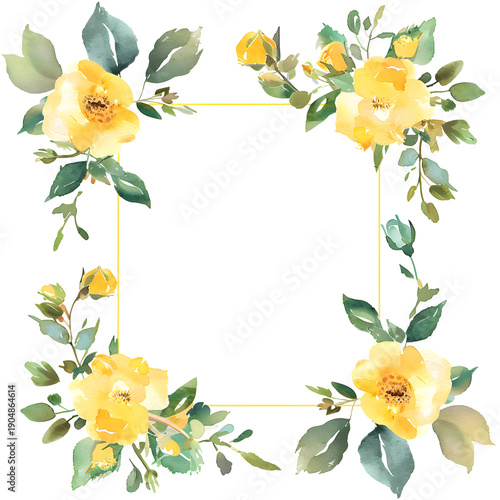 Minimalist yellow rose frame watercolor botanical art for wedding stationery designs delicate floral border with golden accents for invitation cards spring garden illustration for projects