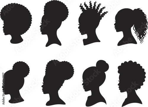 Black female hairstyle silhouettes, afro natural hair profiles, diverse curly bun ponytail braided styles minimal vector set on white background