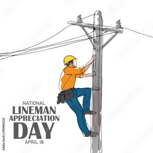 Single one line drawing lineman climbing electric pole. One of the jobs that has a high risk of work accidents. Worker. National Lineman Appreciation Day. Continuous line design graphic illustration