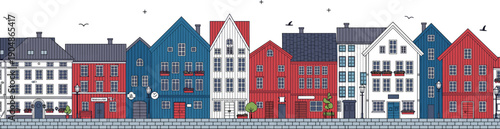 Colorful European townhouse street with modern residential buildings in flat isometric urban cityscape illustration