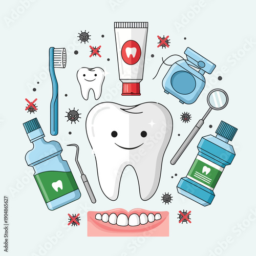 Smiling tooth with dental care tools and hygiene products
