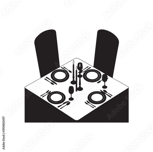Elegant Dining Table Setup with Plates, Cutlery and Candles Silhouette Vector