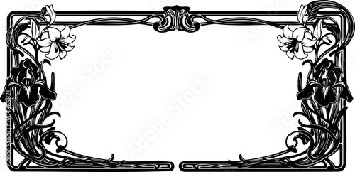 A beautiful black and white Art Nouveau style floral border frame vector graphic