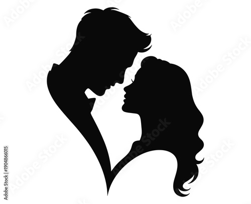 Silhouette of a couple facing each other with noses touching and eyes closed.