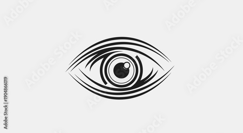 A professional black vector illustration of a human eye featuring a detailed iris and eyelashes, designed as a modern symbol for vision, beauty, and optic art