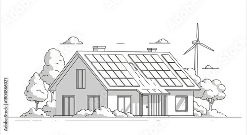 3D vector illustration of a modern residential home exterior featuring a sleek roof design with solar panels and a sketch of a house property model