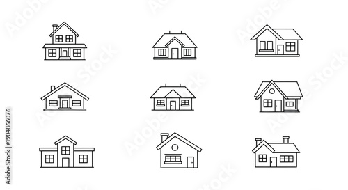 Hand drawn set of house icons and architecture sketches featuring black vector buildings with roof and window elements for urban real estate property design