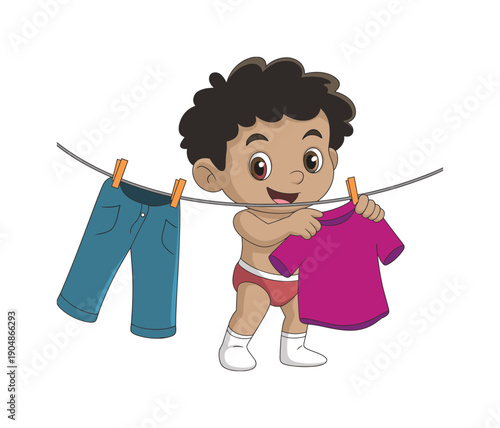A boy in underwear hanging pink t-shirt and blue jeans on clothesline.