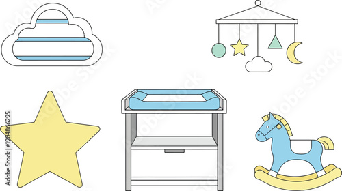 Baby room furniture and decorations including mobile, changing table, rocking horse and star