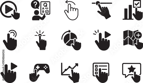 Interactive content icon set in multiple styles, perfect for digital media, web, and app design.