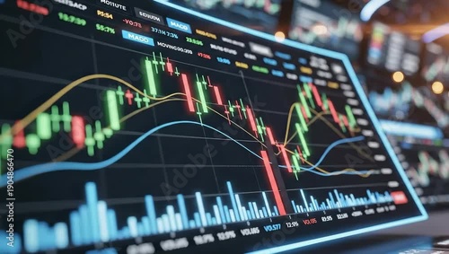 Stock market analysis with trading charts. Investors monitor data in financial center. Dynamic graphs display trends and prices. Market environment creates focused atmosphere.