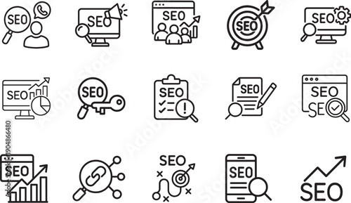 SEO web icon set in clean line style for contact, marketing, traffic, ranking, optimization and website analytics.