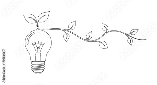 A lightbulb with leaves growing out of it and a vine extending from it.