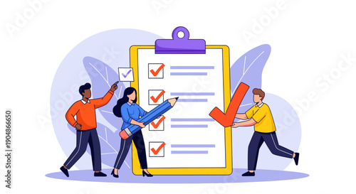 A cartoon image of three people working together on a large checklist.