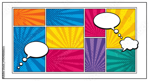 A vibrant image with colorful squares and speech bubbles, creating a lively atmosphere.