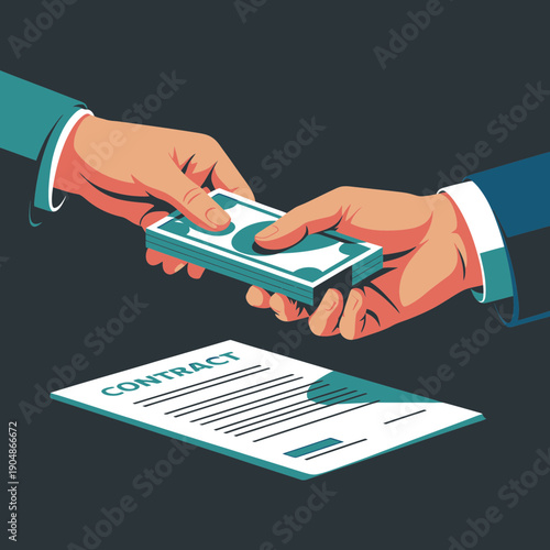A close-up illustrates two business hands exchanging a thick stack of paper banknotes above a detailed contract on a dark background.