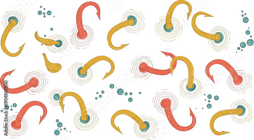 Fishing hooks submerged in water with ripples and bubbles colorful bait and lures for catching fish aquatic theme