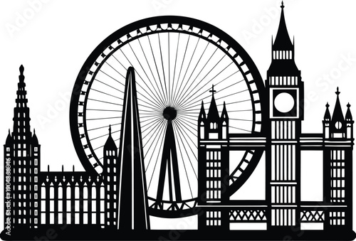 A detailed black silhouette illustration of the iconic London skyline featuring big ben and the London eye.
