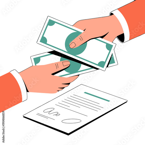 Two hands exchange paper currency over a signed legal document in a simplified graphic style.