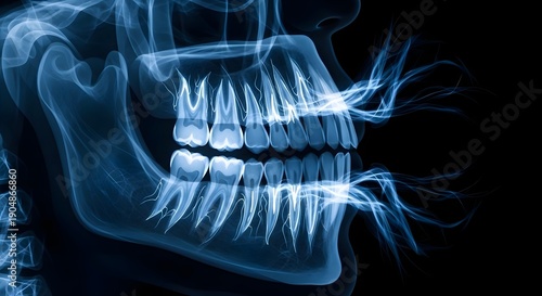 Dental X-ray Scan: Blue panoramic radiograph of human teeth with smoke-like digital effects, stomatology diagnostics, oral health imaging, medical technology and healthcare concept