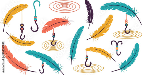 Fishing hooks and colorful feathers collection with water ripples and beads in flat stylized design for outdoor hobby