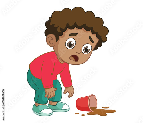 Cartoon boy with looking down at spilled red coffee cup of brown liquid child.