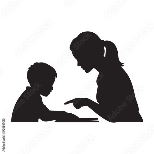 Mother Pointing at Book with Child Silhouette