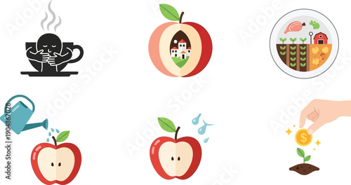 Infographic icons for sustainable agriculture and healthy lifestyle showing apple cycle farm to table food investment