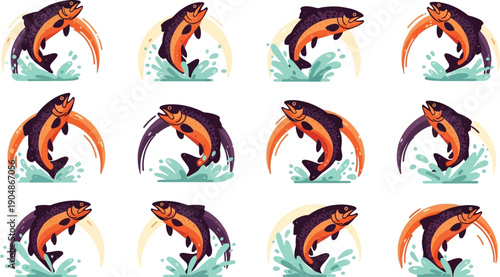 Jumping salmon fish leaping out of blue water splash with orange sunset arc in flat vector style for wildlife nature