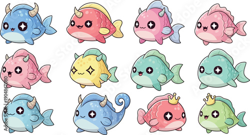 Kawaii fish monsters with horns and crowns cute character sprites for mobile games isolated on transparent background set