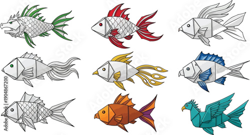 Origami fish collection with geometric paper fold style aquatic animals including mythical dragon and bird like creatures