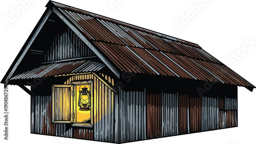 Old rustic corrugated tin shack building with glowing lantern in window
