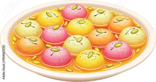 Plate of Indian sweet Rasgulla dessert balls in syrup garnished with pistachios festive and delicious traditional food