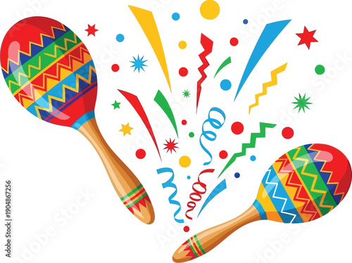 Pair of colorful maracas with festive confetti and streamers vector illustration for mexican celebration and party fun