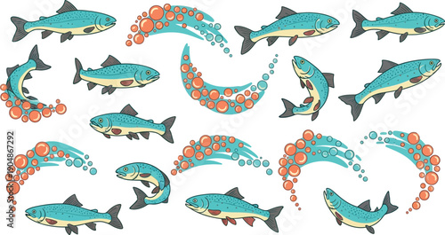 Realistic salmon fish swimming in water with air bubbles and splash effects set isolated on transparent background