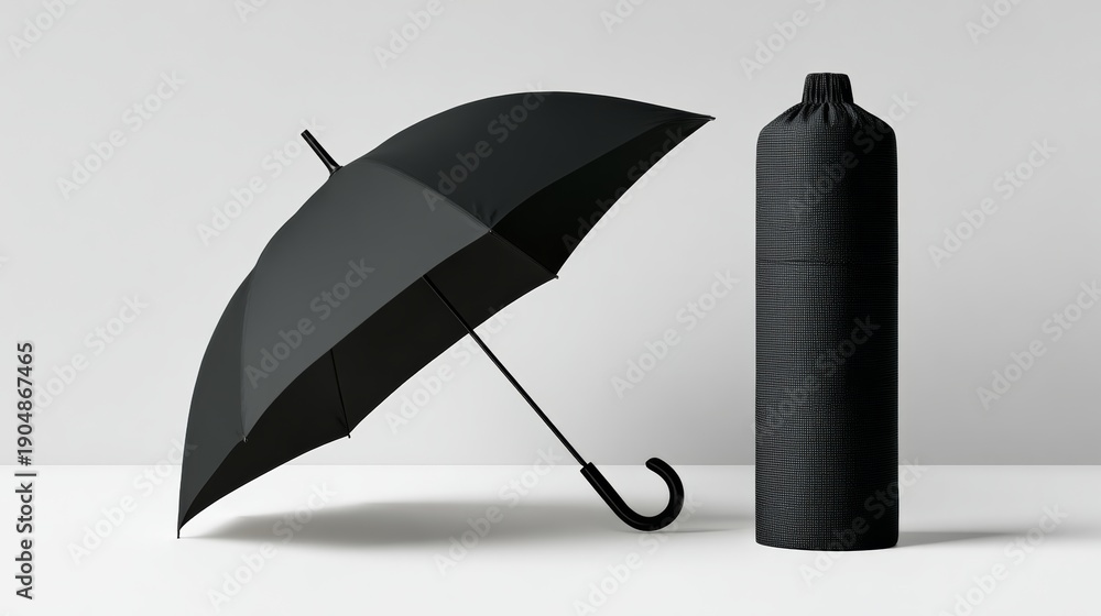 Black umbrella open beside a black carrying case on a clean white background, showcasing a minimalist design ideal for promotional mockups and product presentations