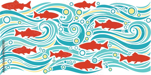 Salmon jumping through blue water waves with yellow bubbles and geometric shapes in stylized abstract fishing pattern