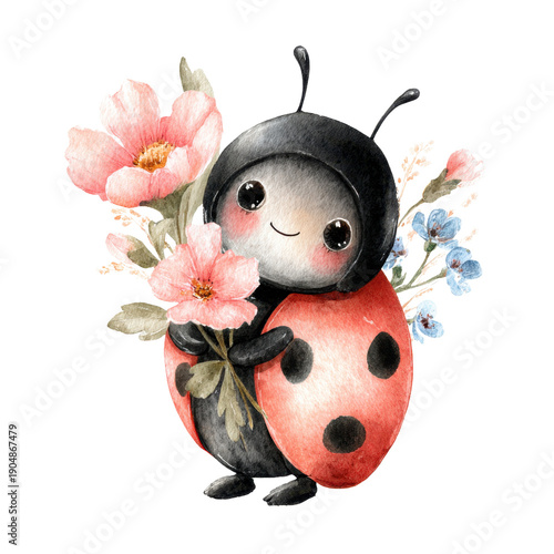 Cute ladybug character with flowers and a joyful expression