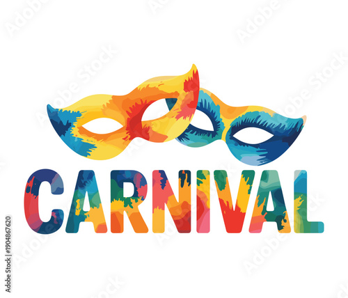 Colorful carnival masks and text with abstract watercolor splashes masquerade celebration.
