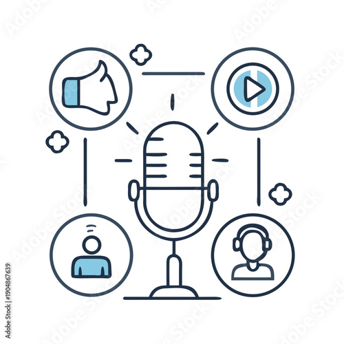 Modern podcasting setup with microphone and social media icons