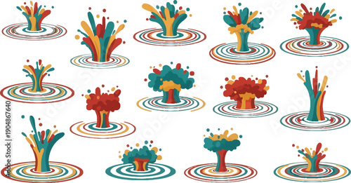 Set of colorful water splashes from drops with ripple effect, isolated vector illustrations on transparent background