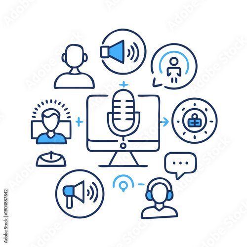 Modern communication and podcasting icons surrounding a computer with a microphone