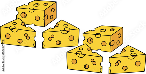 Cartoon cheese wedges vector set featuring sliced Swiss cheese pieces in hand drawn food illustration style