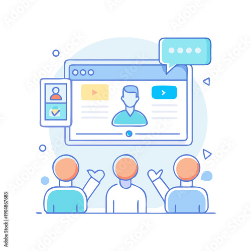 People interacting with a large computer screen for online collaboration