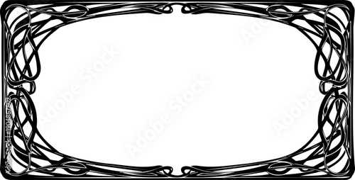 A black and white vector graphic of an ornate rectangular frame with a Celtic knot design
